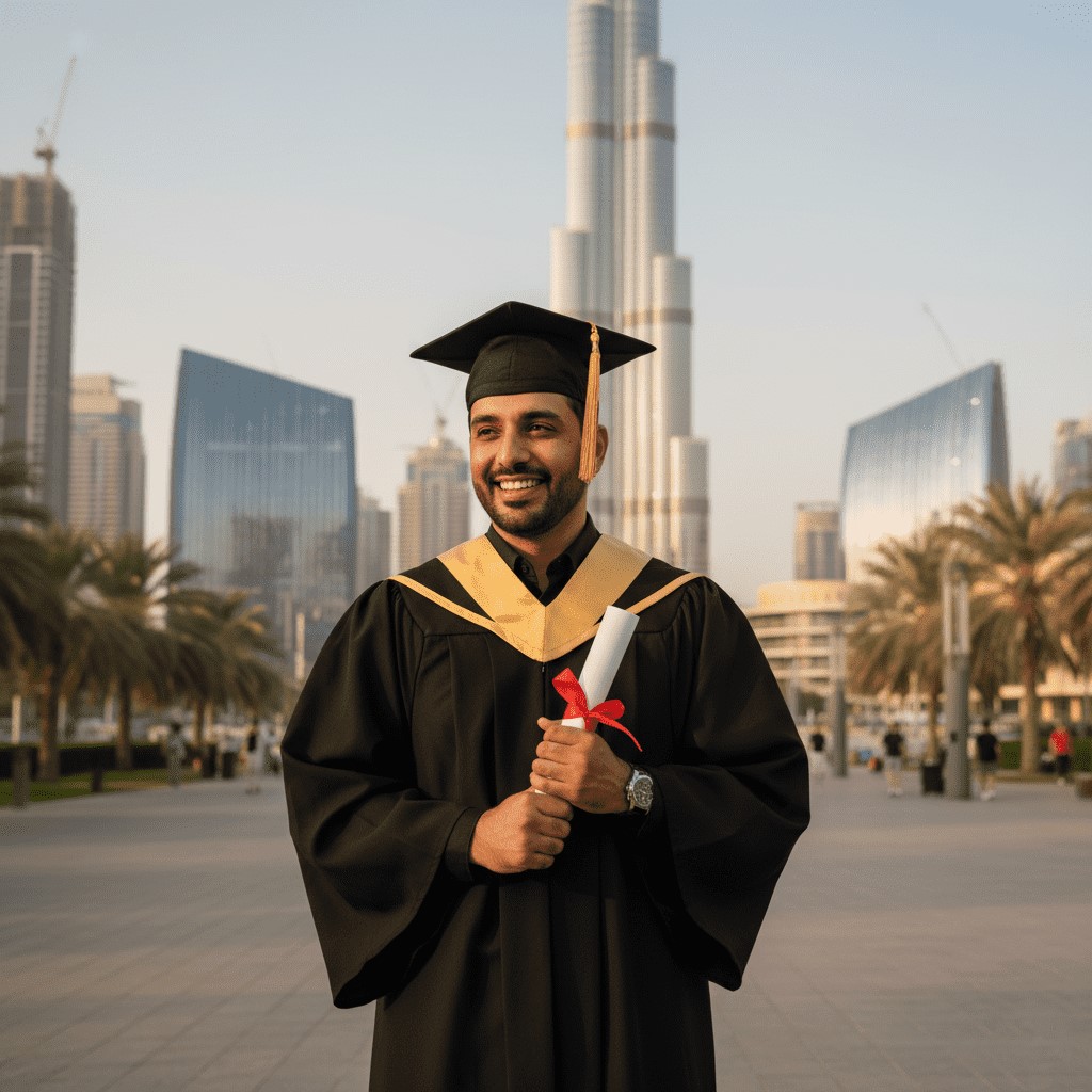  Gulf male graduate celebrating at Gate Academy Dubai’s graduation ceremony. 